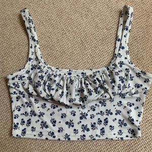 (never worn) Blue and White Floral Crop-Top with Ruched Bust